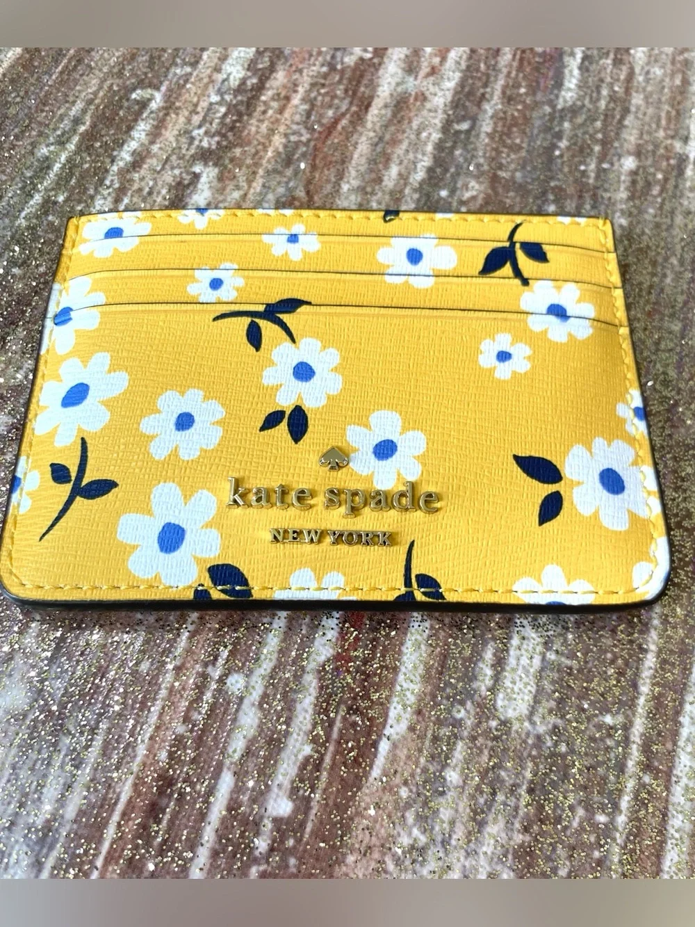 Kate Spade New York yellow card holder with white & blue floral print